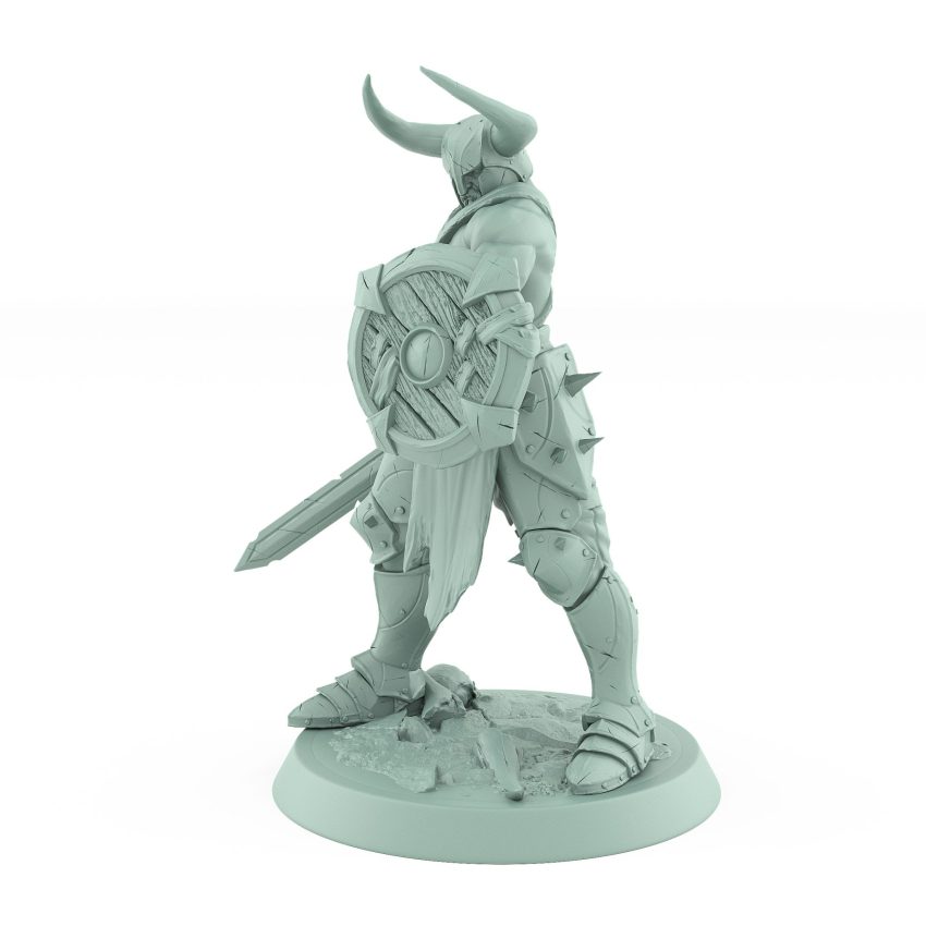armored ranger miniature with sword raised and wooden shield braced in defensive pose