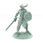 armored ranger miniature with sword raised and wooden shield braced in defensive pose