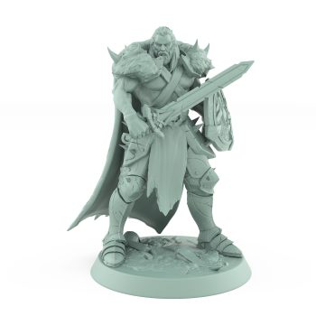 dnd ranger miniature standing with sword across chest and wooden round shield resting at the ready