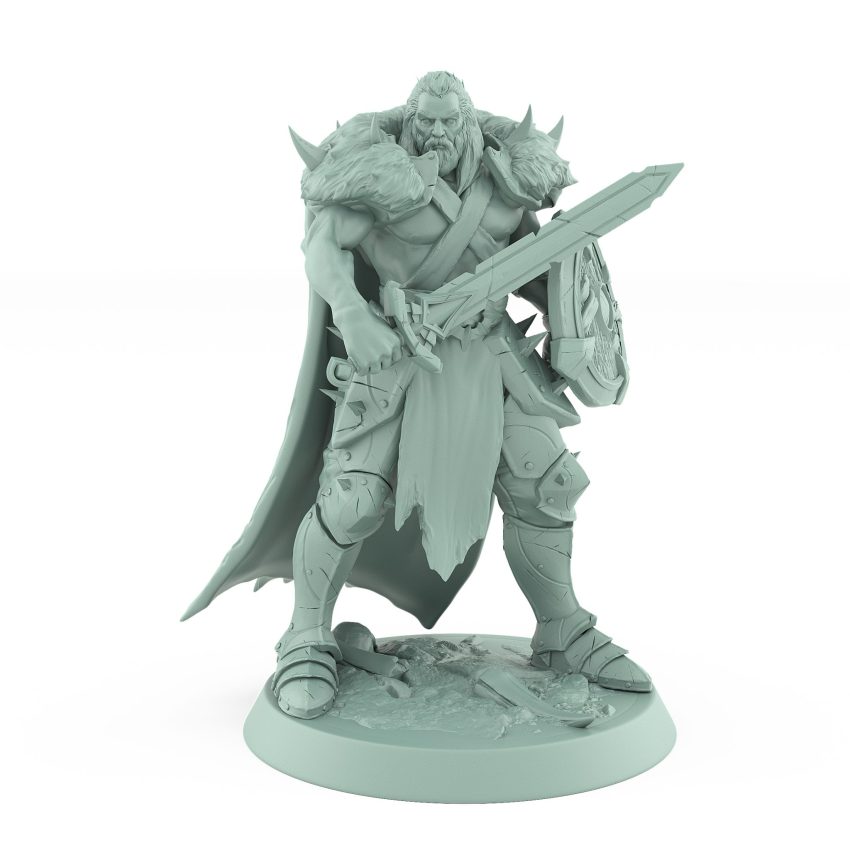 dnd ranger miniature standing with sword across chest and wooden round shield resting at the ready