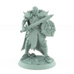 dnd ranger miniature standing with sword across chest and wooden round shield resting at the ready