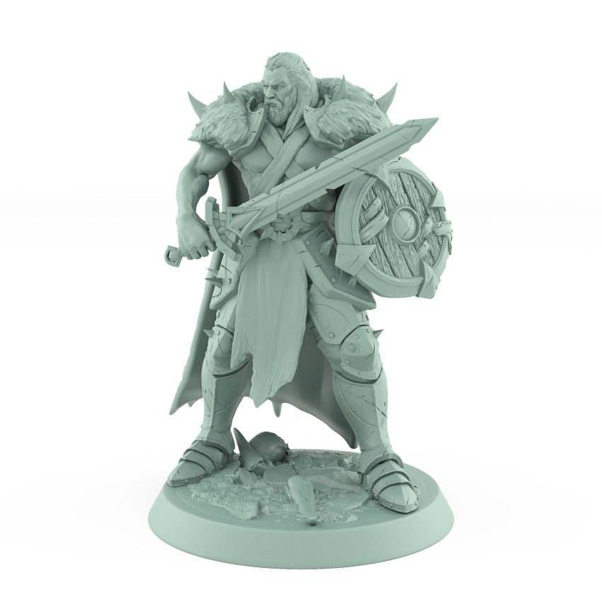 dnd ranger miniature standing with sword across chest and wooden round shield resting at the ready