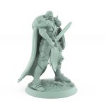 dnd ranger miniature standing with sword across chest and wooden round shield resting at the ready