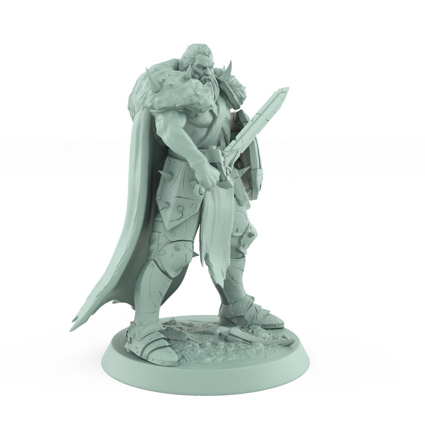 dnd ranger miniature standing with sword across chest and wooden round shield resting at the ready