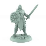 ranger miniature with sword held up and wooden round shield raised in a guard stance