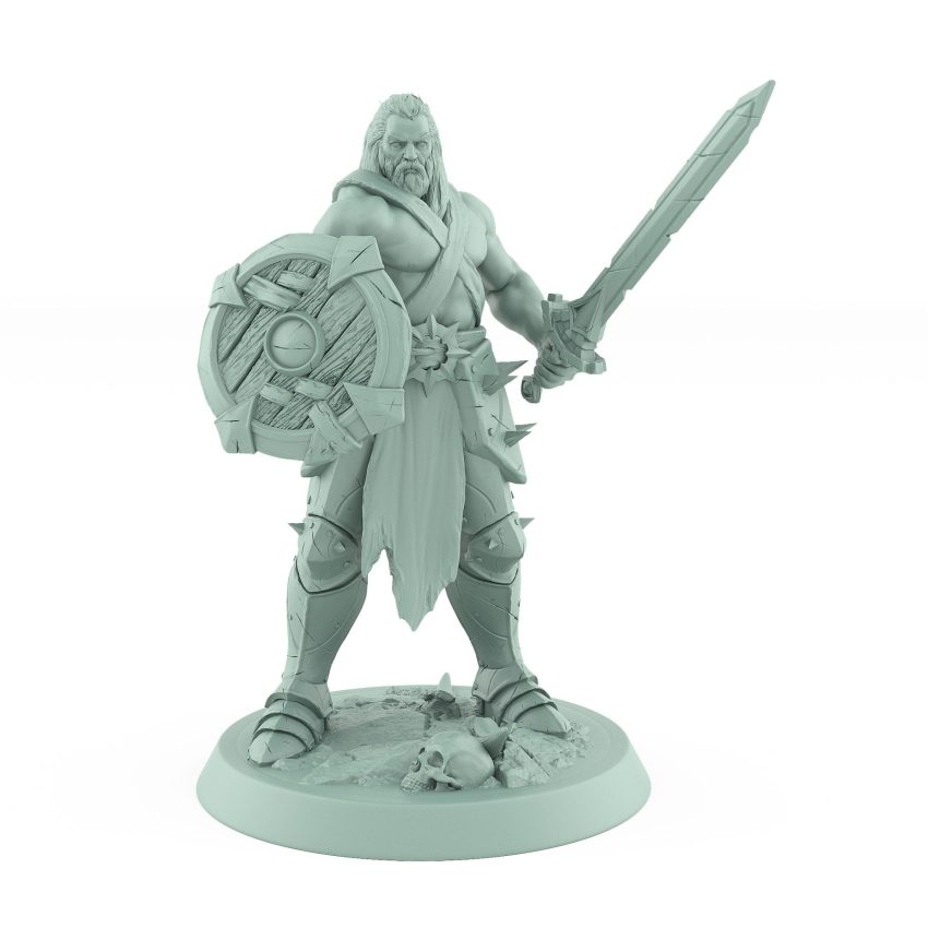 ranger miniature with sword held up and wooden round shield raised in a guard stance