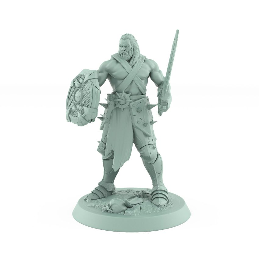 ranger miniature with sword held up and wooden round shield raised in a guard stance