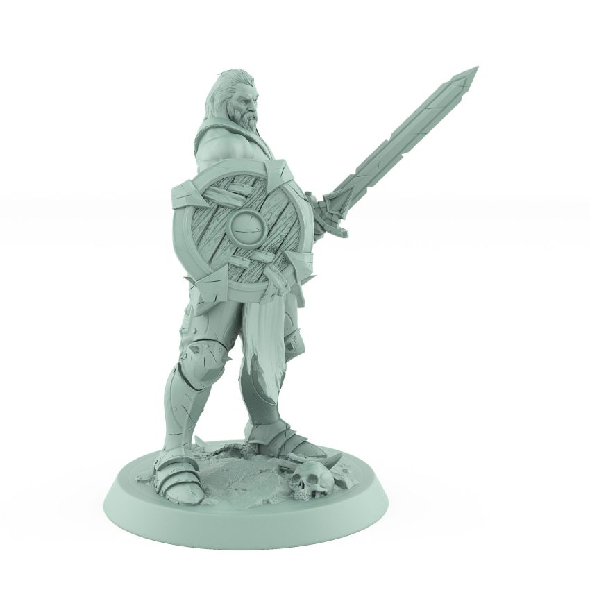 ranger miniature with sword held up and wooden round shield raised in a guard stance