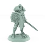 ranger miniature standing alert holding a sword and wooden shield scanning the horizon