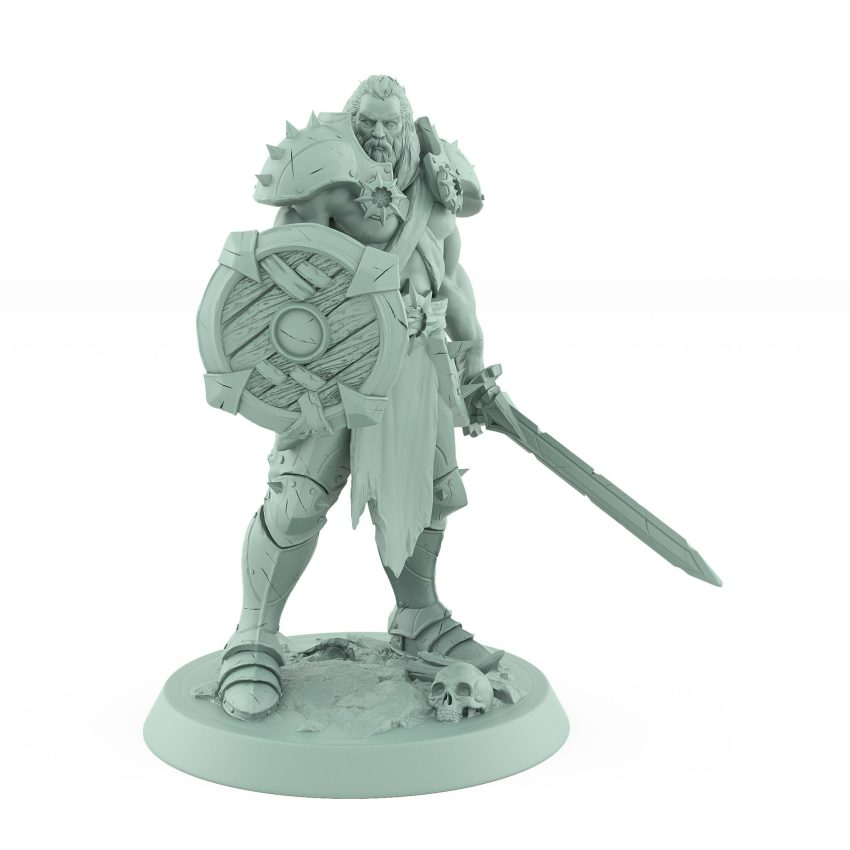 ranger miniature standing alert holding a sword and wooden shield scanning the horizon