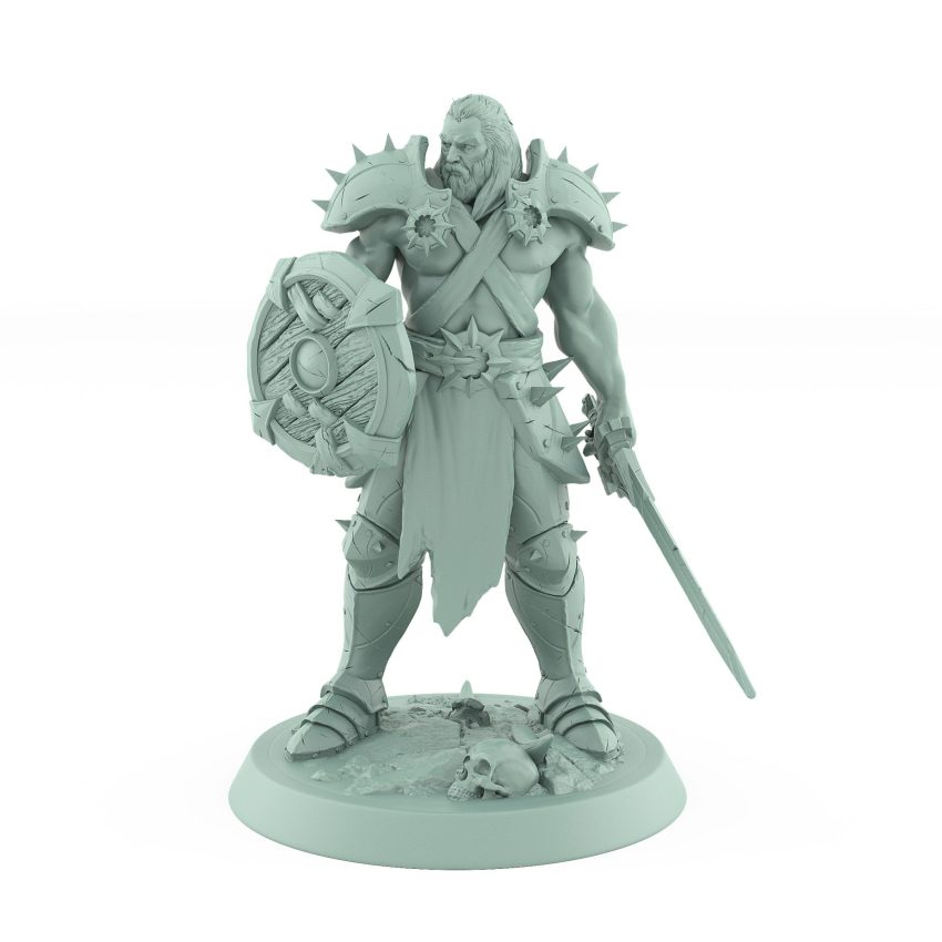 ranger miniature standing alert holding a sword and wooden shield scanning the horizon