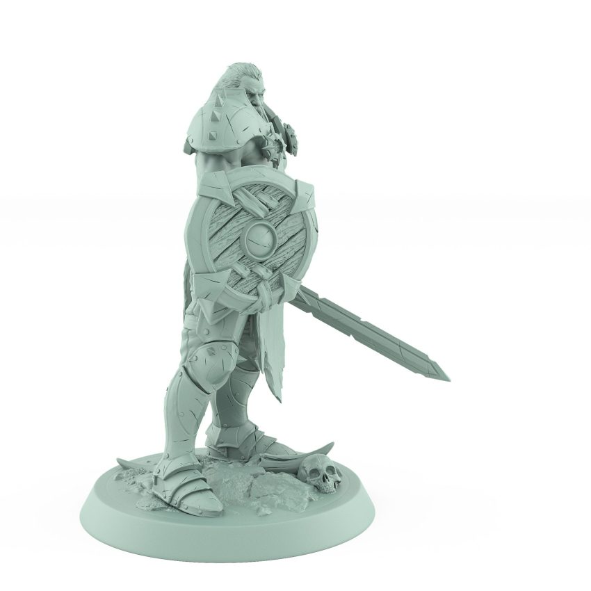 ranger miniature standing alert holding a sword and wooden shield scanning the horizon