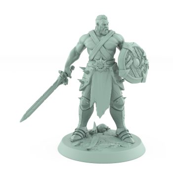 ranger miniature standing with sword lowered and wooden shield ready for battle