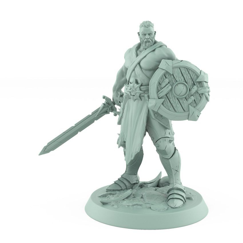 ranger miniature standing with sword lowered and wooden shield ready for battle