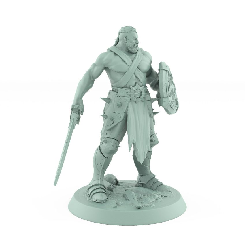 ranger miniature standing with sword lowered and wooden shield ready for battle