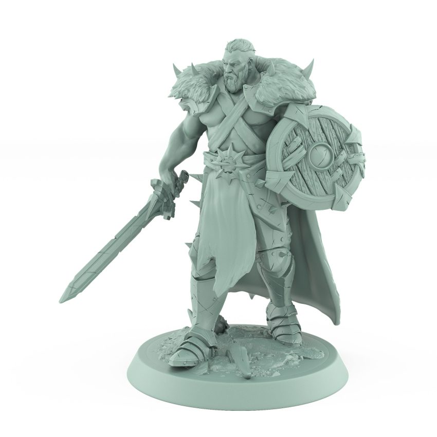 powerful male ranger miniature advancing with sword and shield ready