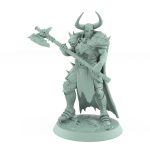 intimidating raider warrior in horned helm gripping massive axe