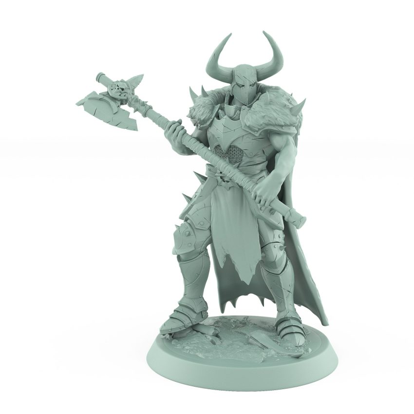 intimidating raider warrior in horned helm gripping massive axe