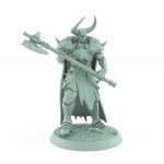 intimidating raider warrior in horned helm gripping massive axe