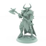 heavily armored warrior in fur cloak holding massive axe on battlefield base