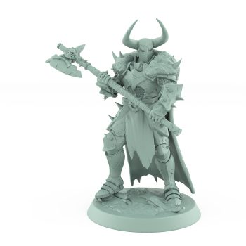 heavily armored warrior in fur cloak holding massive axe on battlefield base