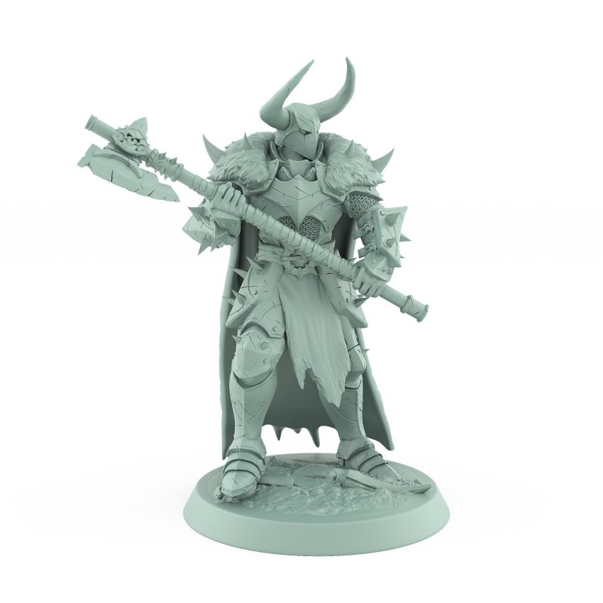 heavily armored warrior in fur cloak holding massive axe on battlefield base