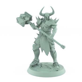 muscular fantasy ranger with horned helmet holding large warhammer in battle pose