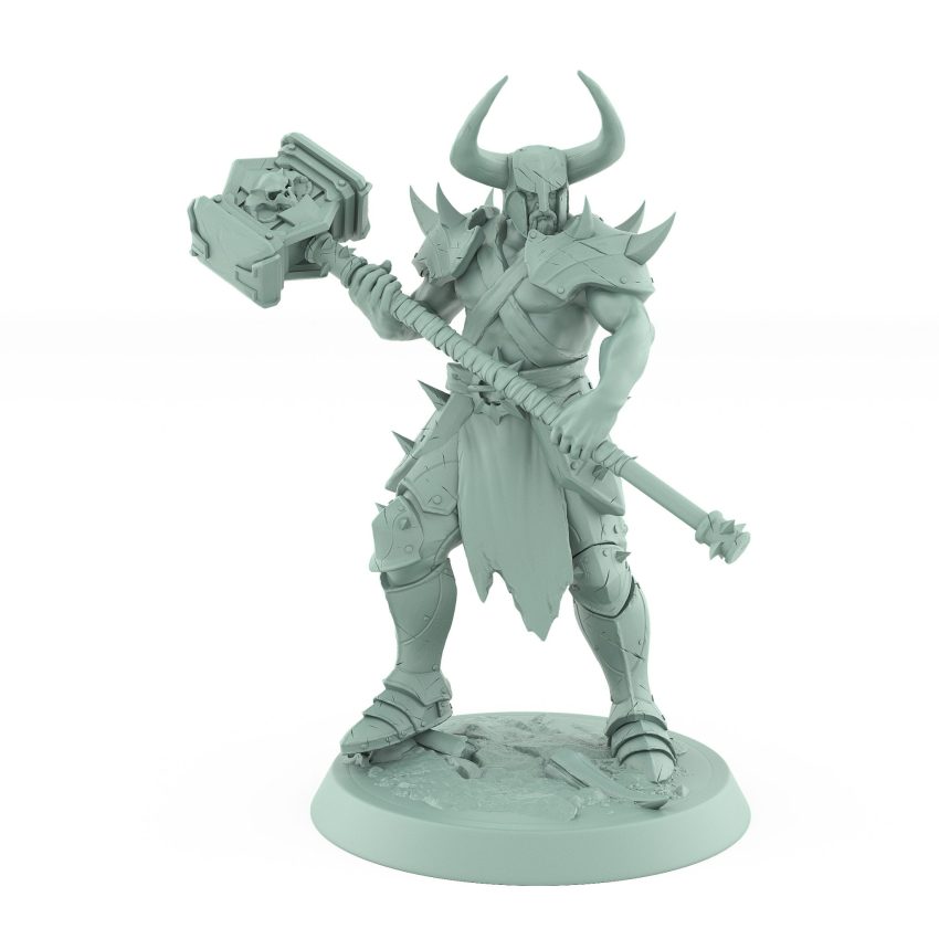 muscular fantasy ranger with horned helmet holding large warhammer in battle pose