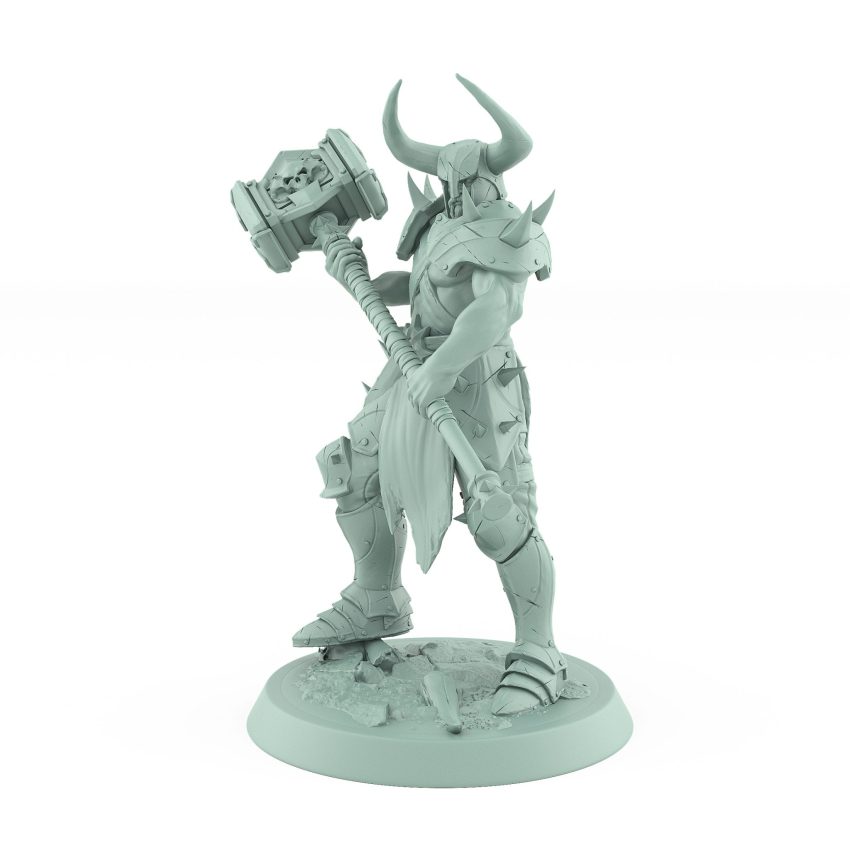 muscular fantasy ranger with horned helmet holding large warhammer in battle pose