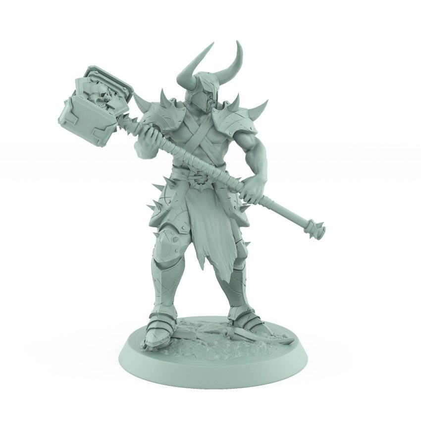 muscular fantasy ranger with horned helmet holding large warhammer in battle pose