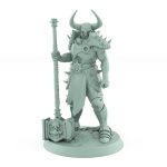 armored fantasy warrior with spiked armor and horned helmet holding warhammer at rest
