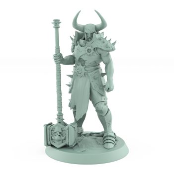 armored fantasy warrior with spiked armor and horned helmet holding warhammer at rest
