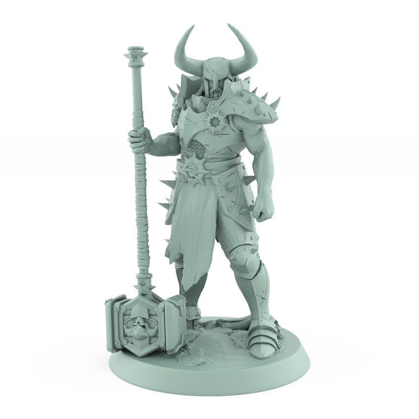 armored fantasy warrior with spiked armor and horned helmet holding warhammer at rest