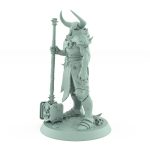 armored fantasy warrior with spiked armor and horned helmet holding warhammer at rest