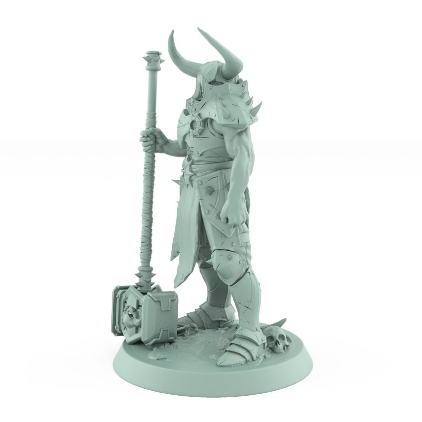 armored fantasy warrior with spiked armor and horned helmet holding warhammer at rest