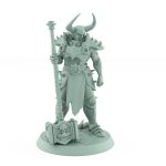 armored fantasy warrior with spiked armor and horned helmet holding warhammer at rest