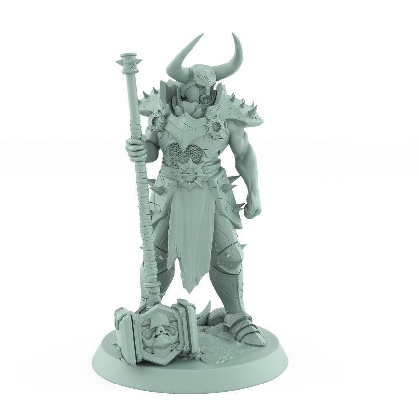 armored fantasy warrior with spiked armor and horned helmet holding warhammer at rest
