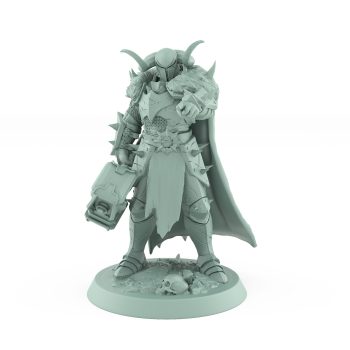 pointing warhammer fantasy warrior miniature in heavy spiked armor with fur cloak from unchained collection