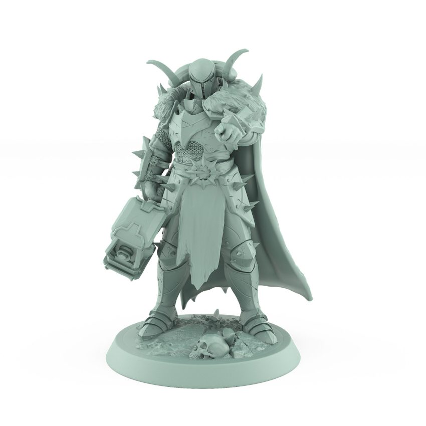 pointing warhammer fantasy warrior miniature in heavy spiked armor with fur cloak from unchained collection