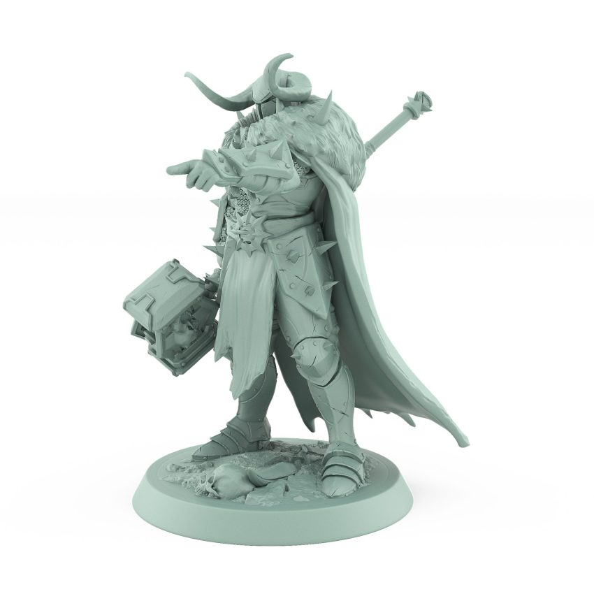 pointing warhammer fantasy warrior miniature in heavy spiked armor with fur cloak from unchained collection