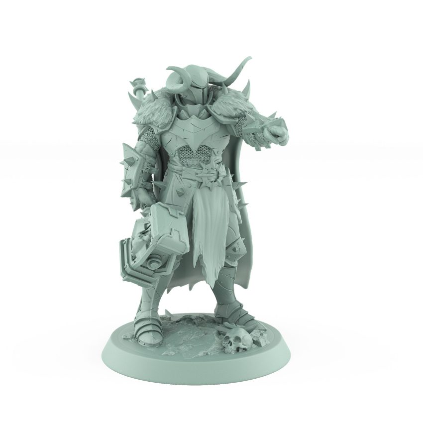 pointing warhammer fantasy warrior miniature in heavy spiked armor with fur cloak from unchained collection