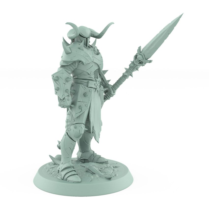 armored spear-wielding warrior miniature in horned helmet standing over skull from unchained collection
