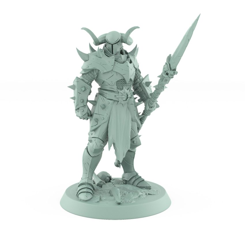 armored spear-wielding warrior miniature in horned helmet standing over skull from unchained collection