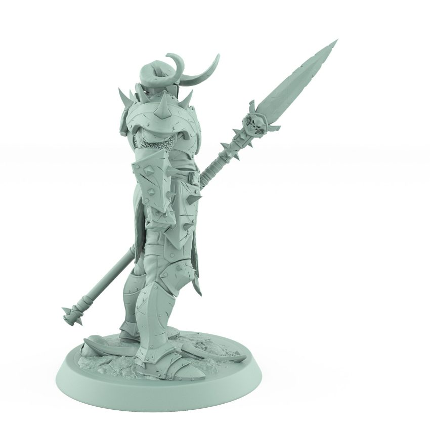 armored spear-wielding warrior miniature in horned helmet standing over skull from unchained collection