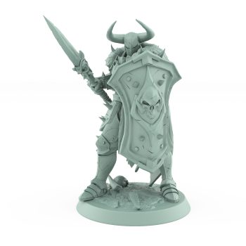 armored warrior in defensive stance behind skull shield and raised spear from unchained collection