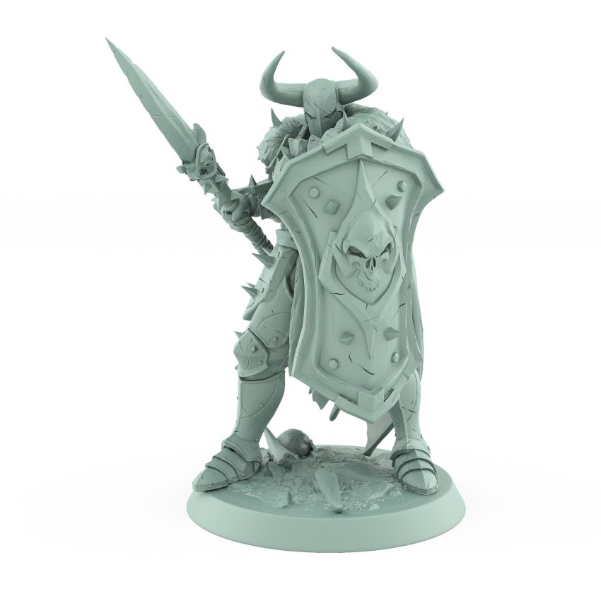 armored warrior in defensive stance behind skull shield and raised spear from unchained collection