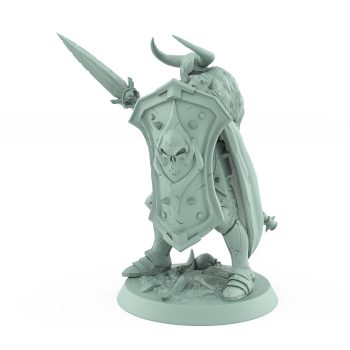 armored warrior in defensive stance behind skull shield and raised spear from unchained collection