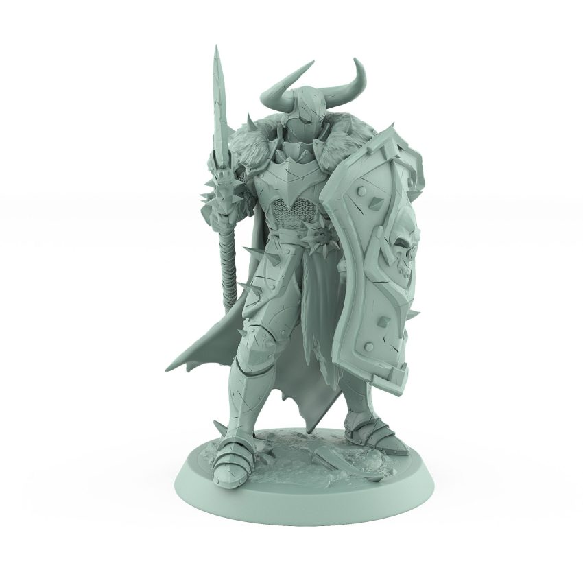 armored warrior in defensive stance behind skull shield and raised spear from unchained collection