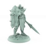 intimidating warrior with skull shield and barbed spear in defensive stance from unchained collection