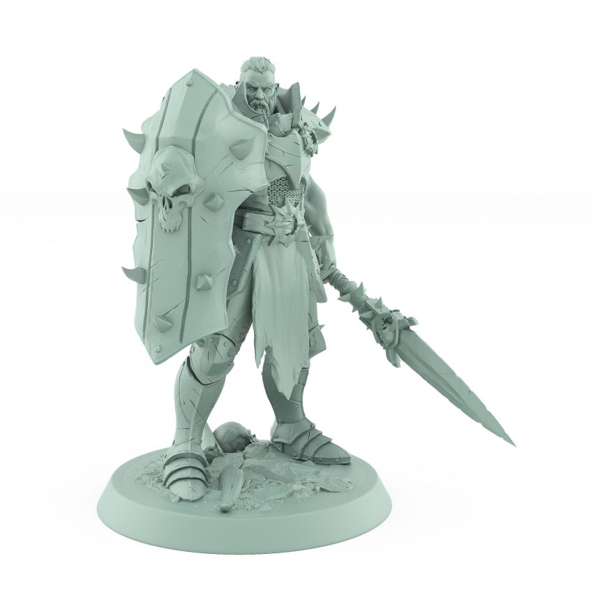 intimidating warrior with skull shield and barbed spear in defensive stance from unchained collection